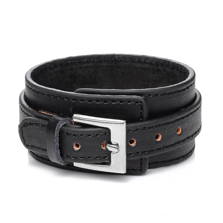 Black gothic leather wristband cuff bracelet with stainless steel hidden clasp, front view flat lay, adjustable punk style bracelet