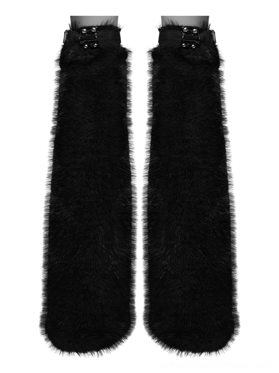 Pair of black faux fur gothic leg warmers minimalist flat lay, emphasizing all-black aesthetic with rivet-adorned buckle hardware at top