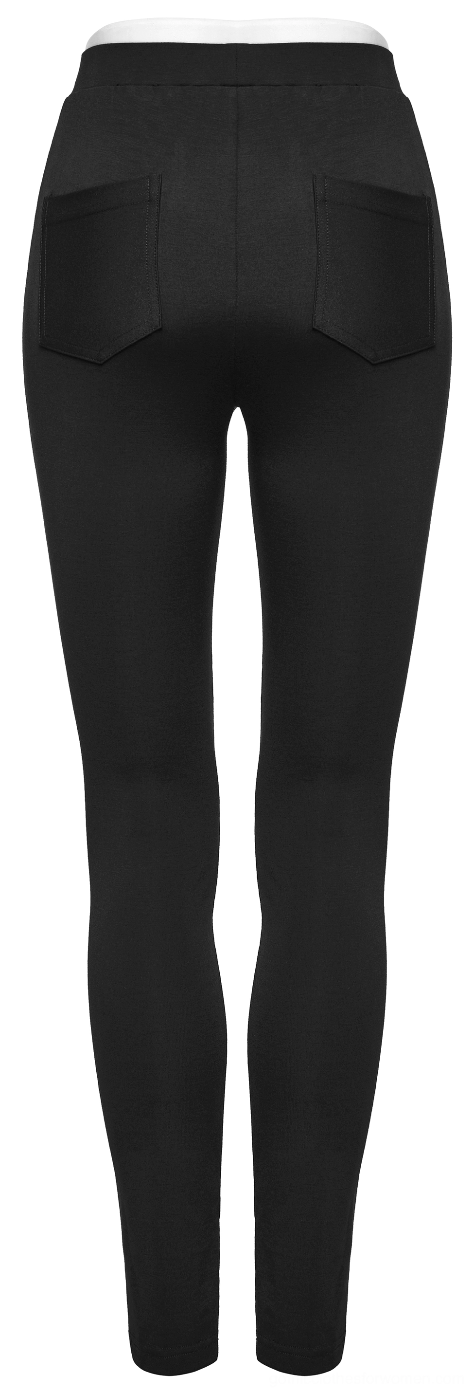 Black gothic leggings rear view showing full back panels and dual pockets