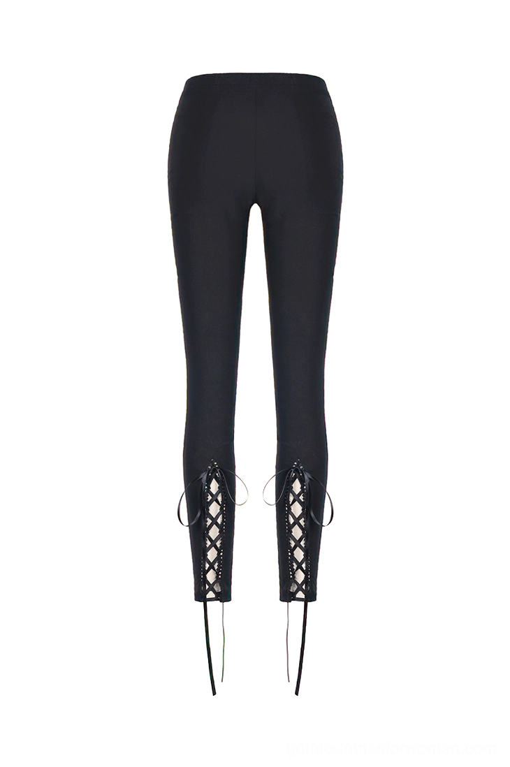 Back flat lay perspective of black gothic lace leggings revealing seamless waistband and ankle lace-up tie details with satin ribbon