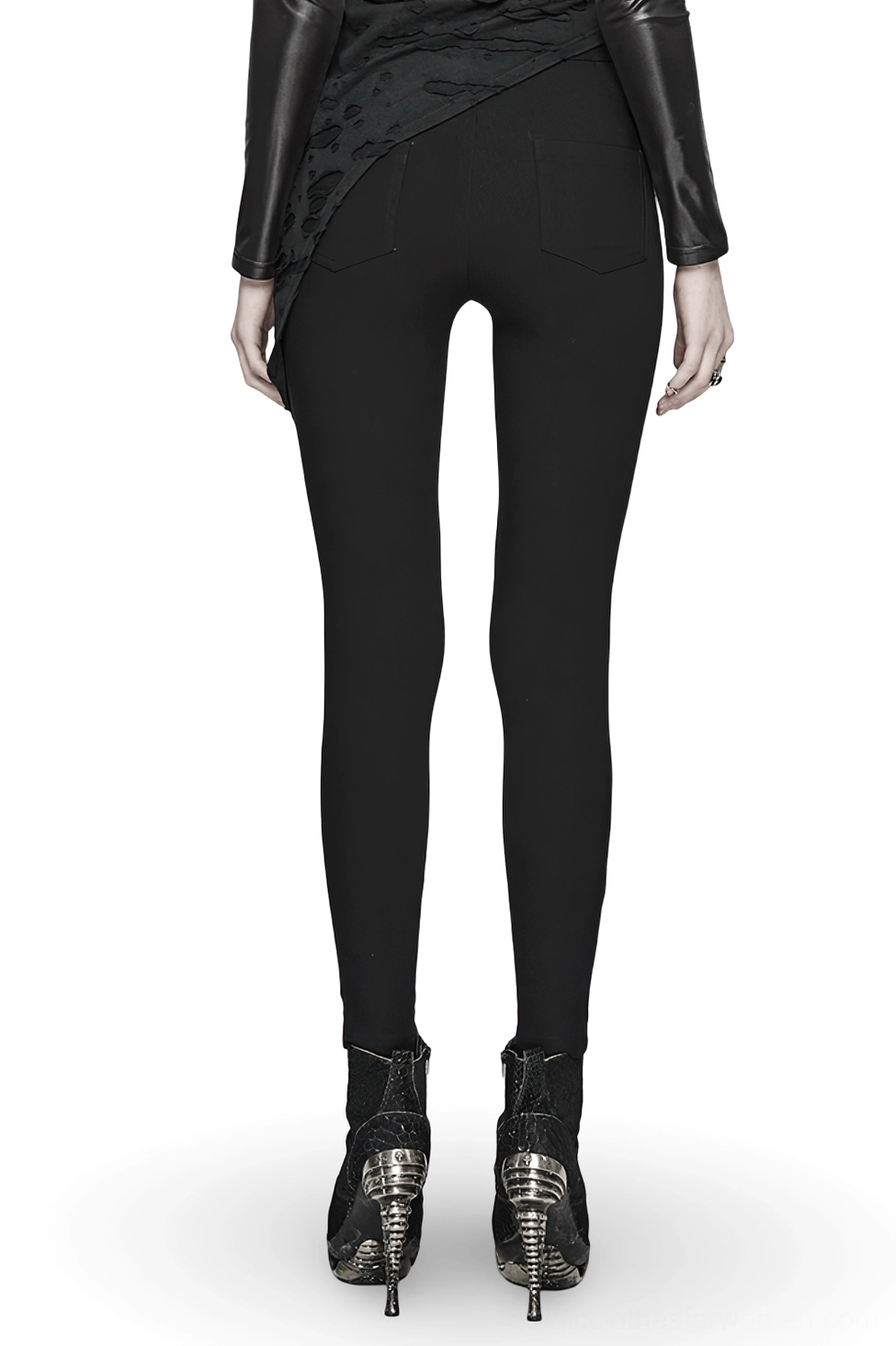 Black gothic leggings rear view showcasing fitted silhouette and back panel design