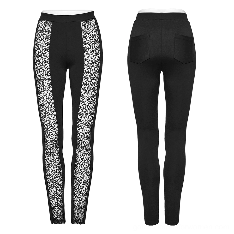 Black gothic leggings front and back dual view with rose floral lace panels