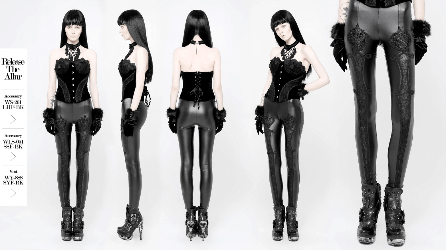 Black gothic leggings flat lay display with focus on fabric texture and finish quality
