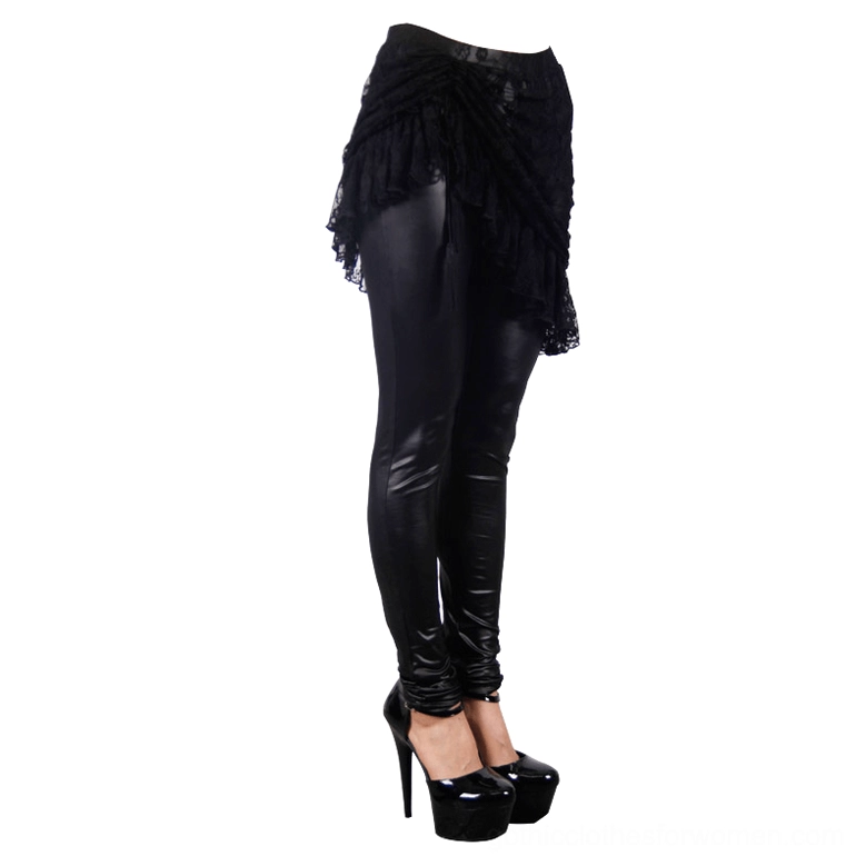 Black faux leather gothic leggings with lace skirt, front view with crisscross platform heels on neutral background