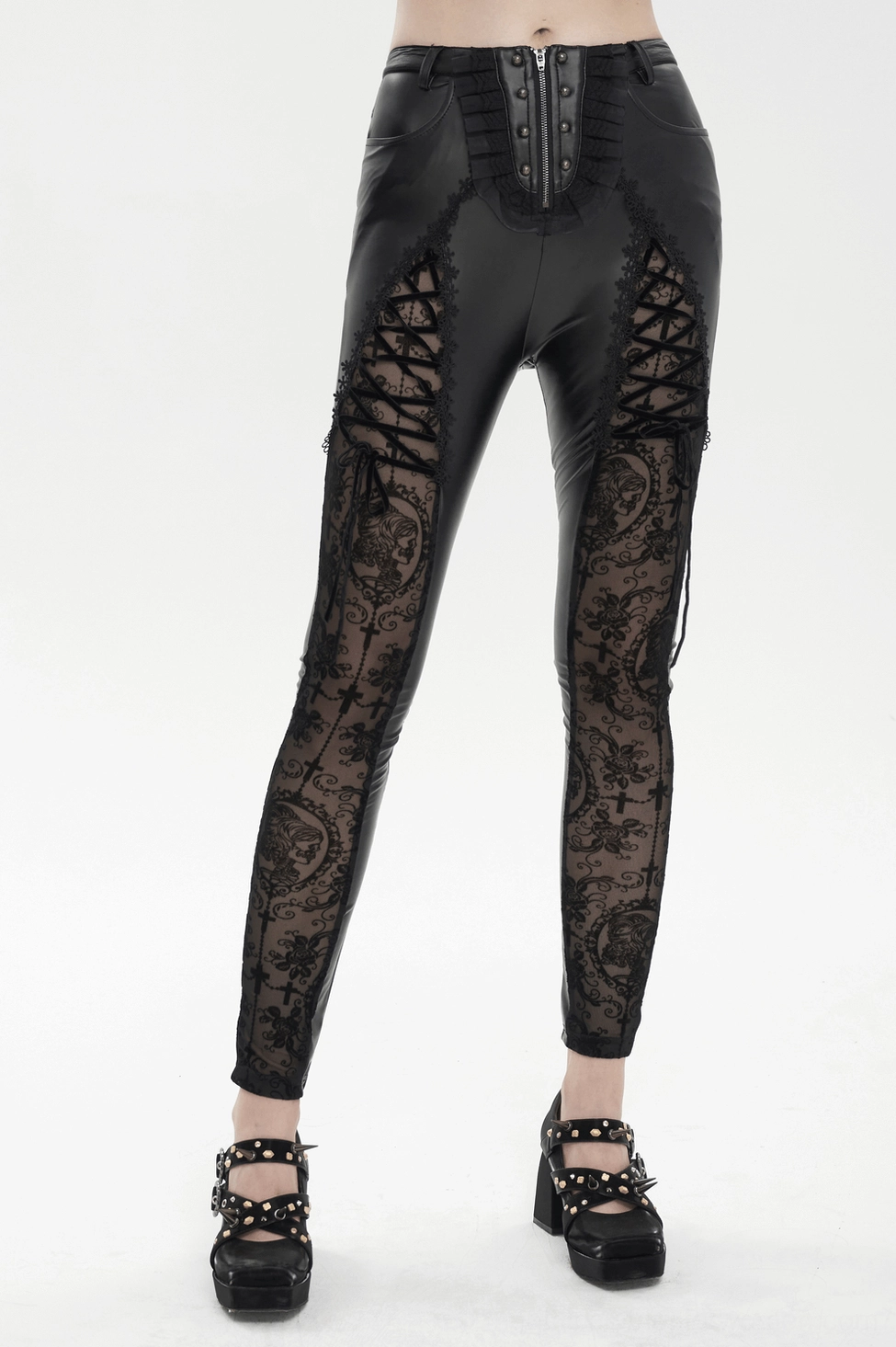 Black gothic lace-up leggings full-body lifestyle shot showing styling versatility and fabric texture