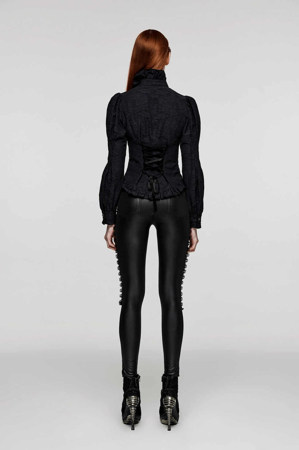 Lace-up mesh gothic leggings full-body rear angle view on model