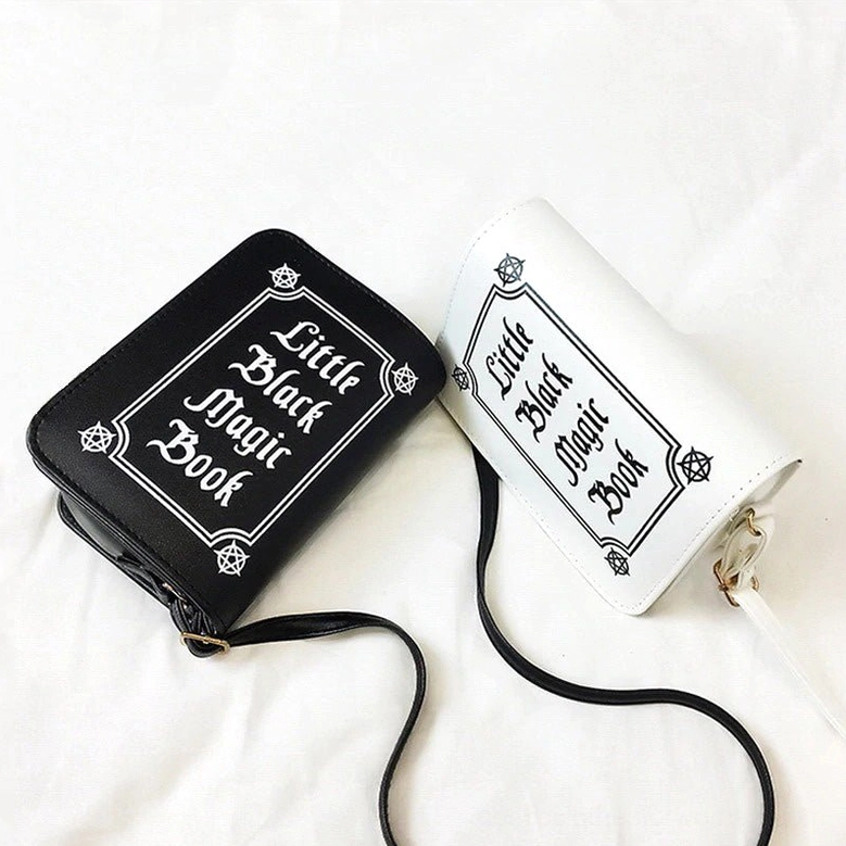 Black gothic letter shoulder bag showcasing dark aesthetic letter printing and pentagram symbolic elements