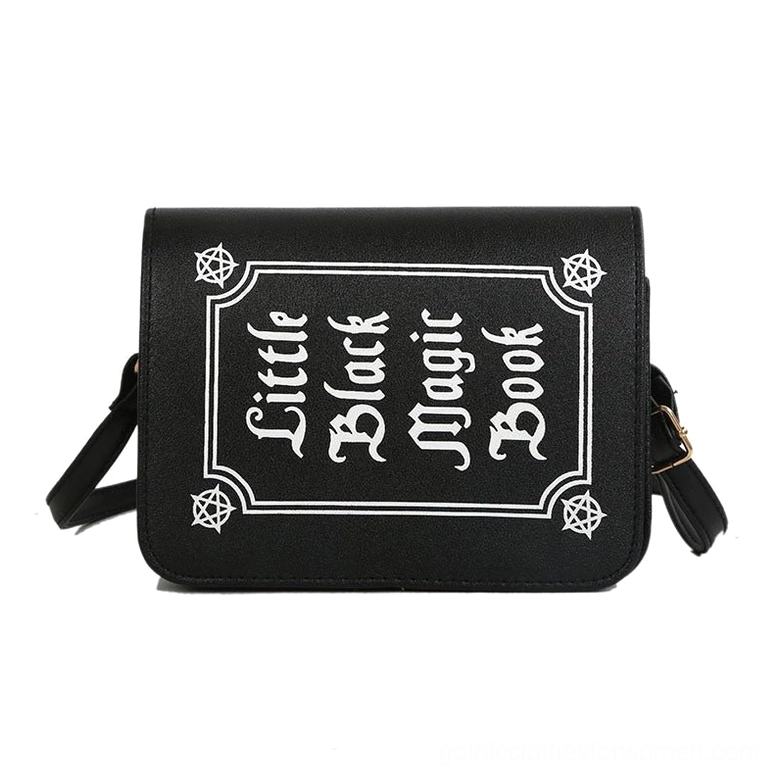 Black gothic letter printing crossbody bag front view with pentagram and symbolic decoration on PU leather