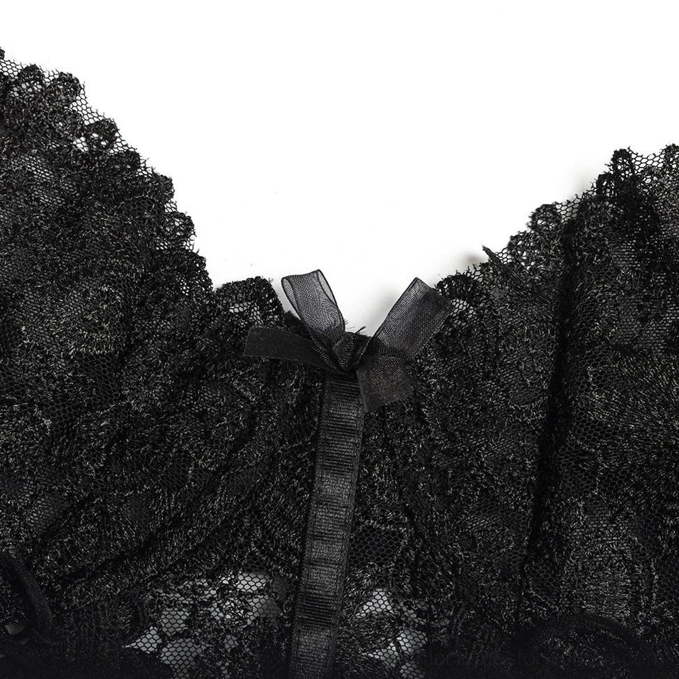 Black lace gothic lingerie set alternative angle showing front tie-up corset aesthetic