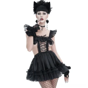 Black gothic lingerie dress front view with hollow-out design, ruffled sleeves, and lace-up bust detail on female model wearing cat ear headpiece and fishnet stockings