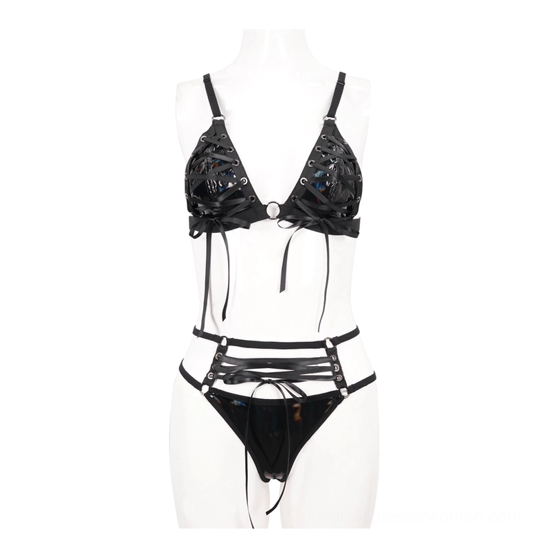 Black faux leather gothic lingerie set displayed on mannequin front view featuring patent leather cups and lace-up waist construction