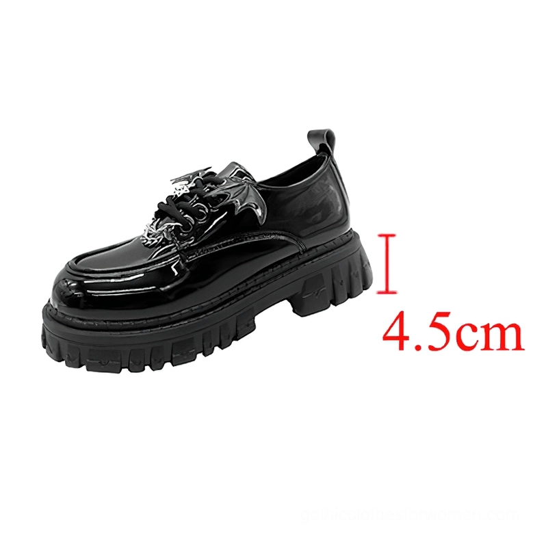 Black patent leather platform creepers right side profile showing chunky 4.5cm platform sole with gothic metal decorations