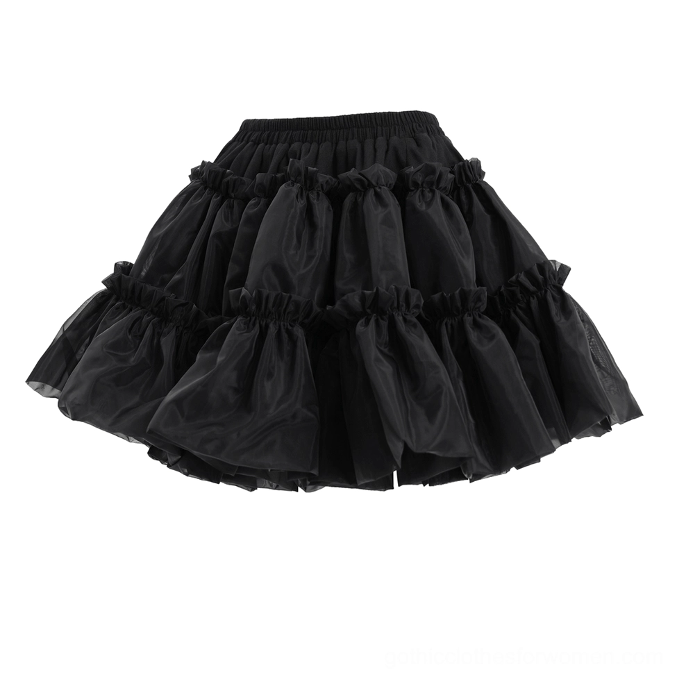 Slightly angled front view of black gothic lolita tulle skirt with gathered ruffle tiers and short A-line silhouette