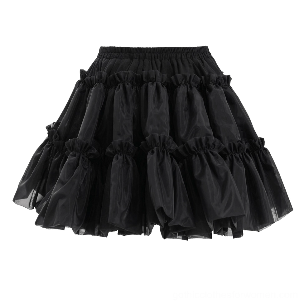 Flat lay front view of black layered ruffled tulle skirt showing elastic waist and multi-tier ruffle detail on white background
