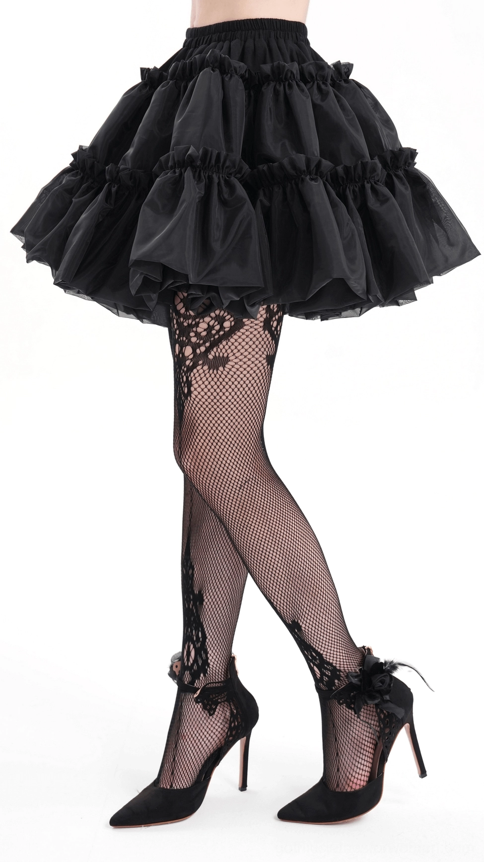 Front view of black gothic lolita tulle skirt with gathered ruffles and structured A-line silhouette