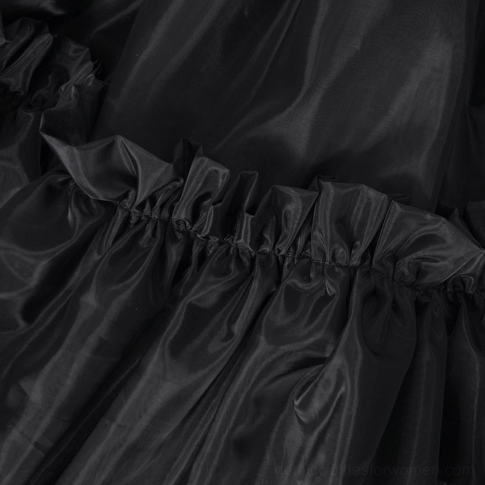 Black gothic lolita tulle skirt showing complete multi-layered construction and voluminous ruffled design from side angle