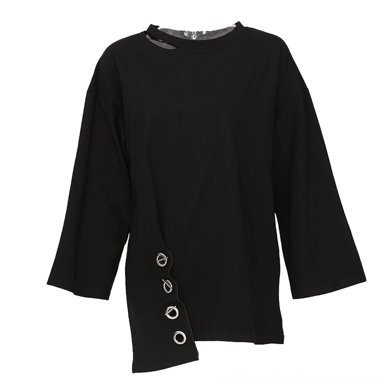 Black long sleeve gothic women's pullover top flat lay, showing asymmetric side hem with metal eyelet trim and neck cutout details