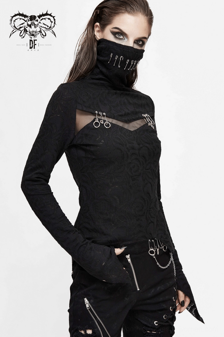 Black gothic long sleeve face-covering top with safety pin details and textured weave, alternative fashion styling