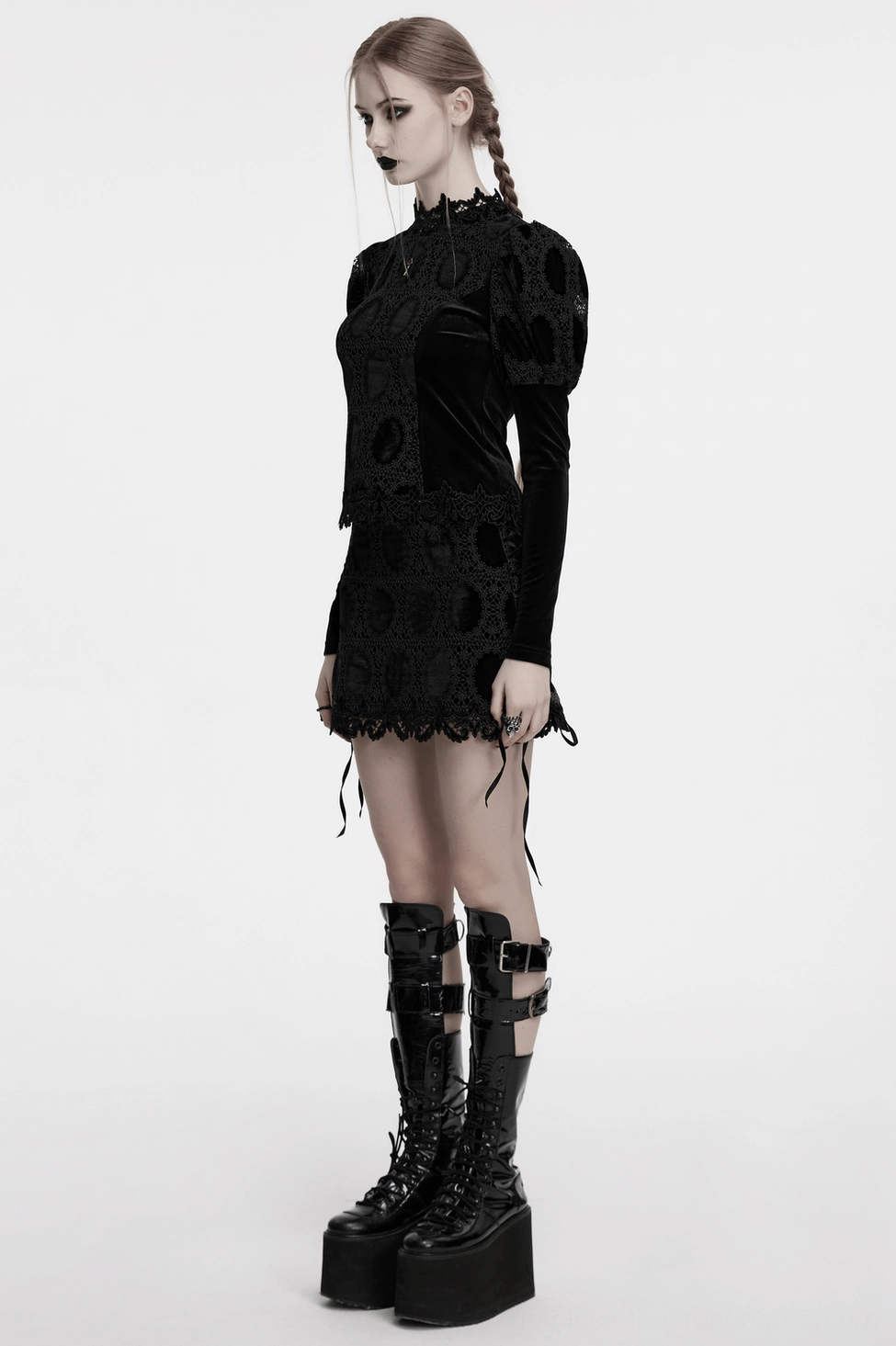 Black gothic long sleeve velvet lace top with decorative puff sleeves and ornate lace trim