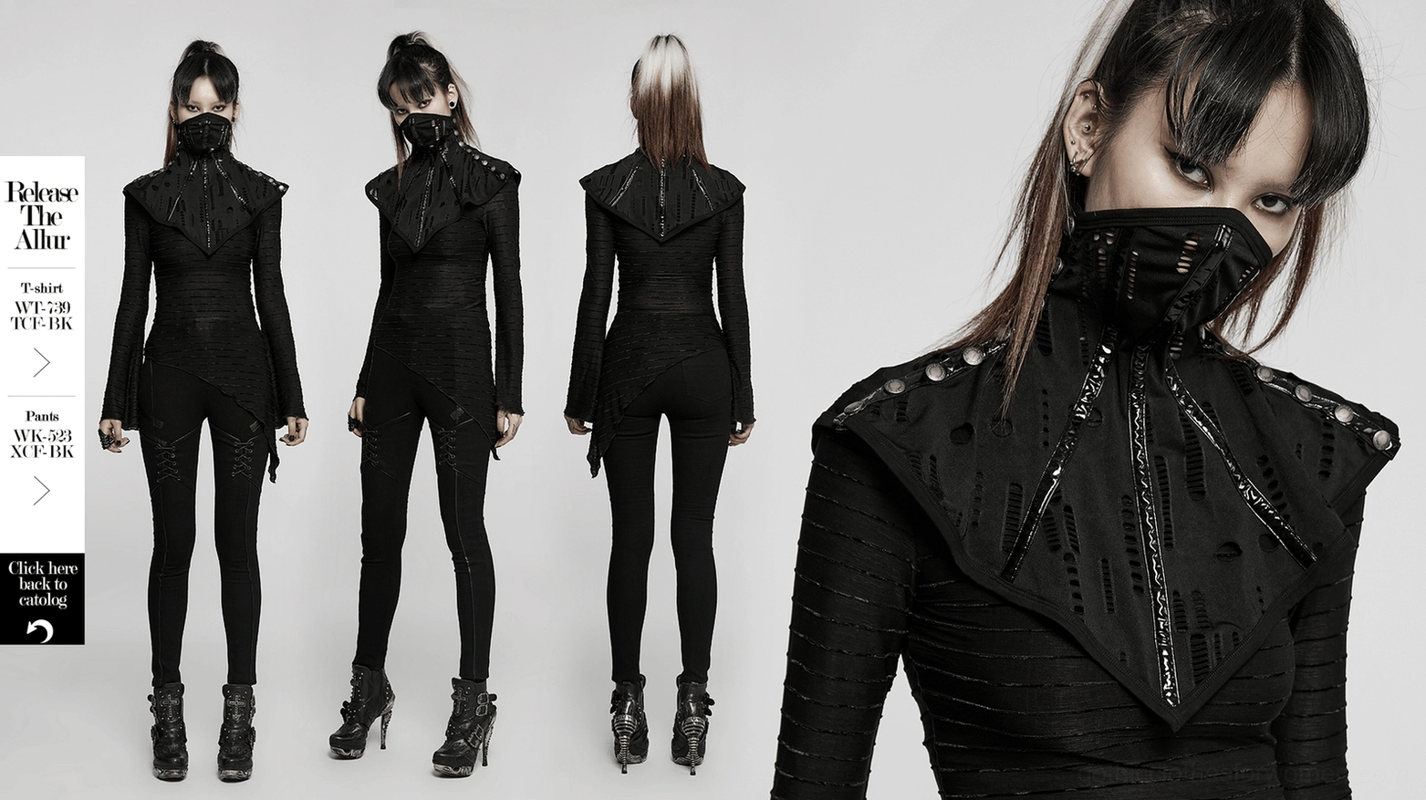 Black gothic face mask collar worn by model showcasing how cutout patterns and mesh elements frame the neckline