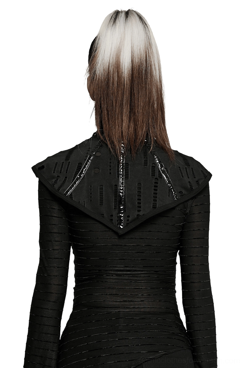 Black gothic face mask collar rear view displaying back zipper closure and mesh texture