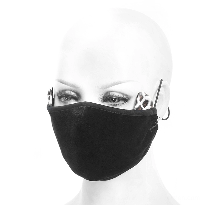 Black velvet gothic mask with leopard print ears and adjustable ear hoop, right three-quarter angle