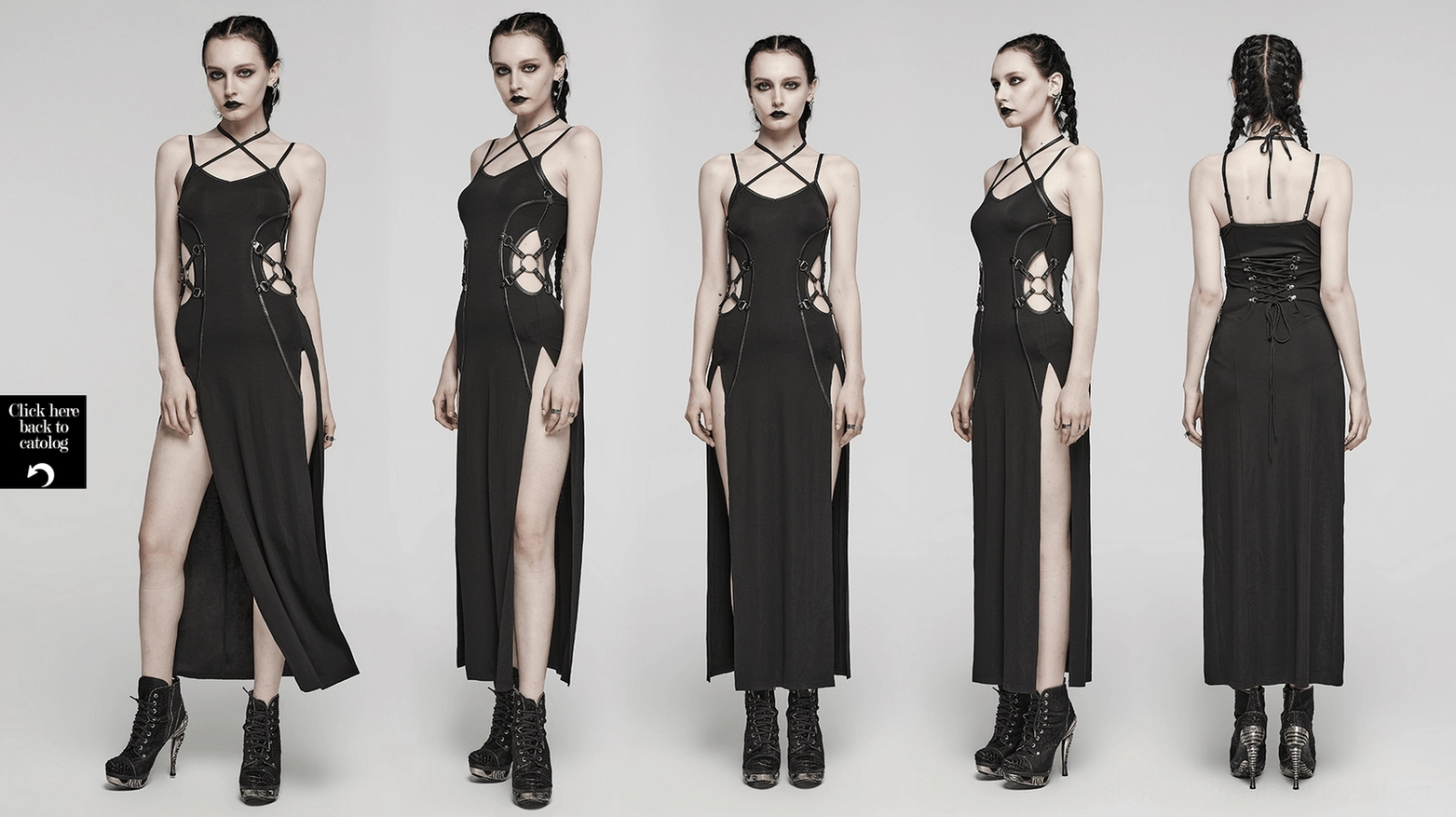 Black gothic maxi dress full-length front view showcasing architectural cutouts and convertible strap system