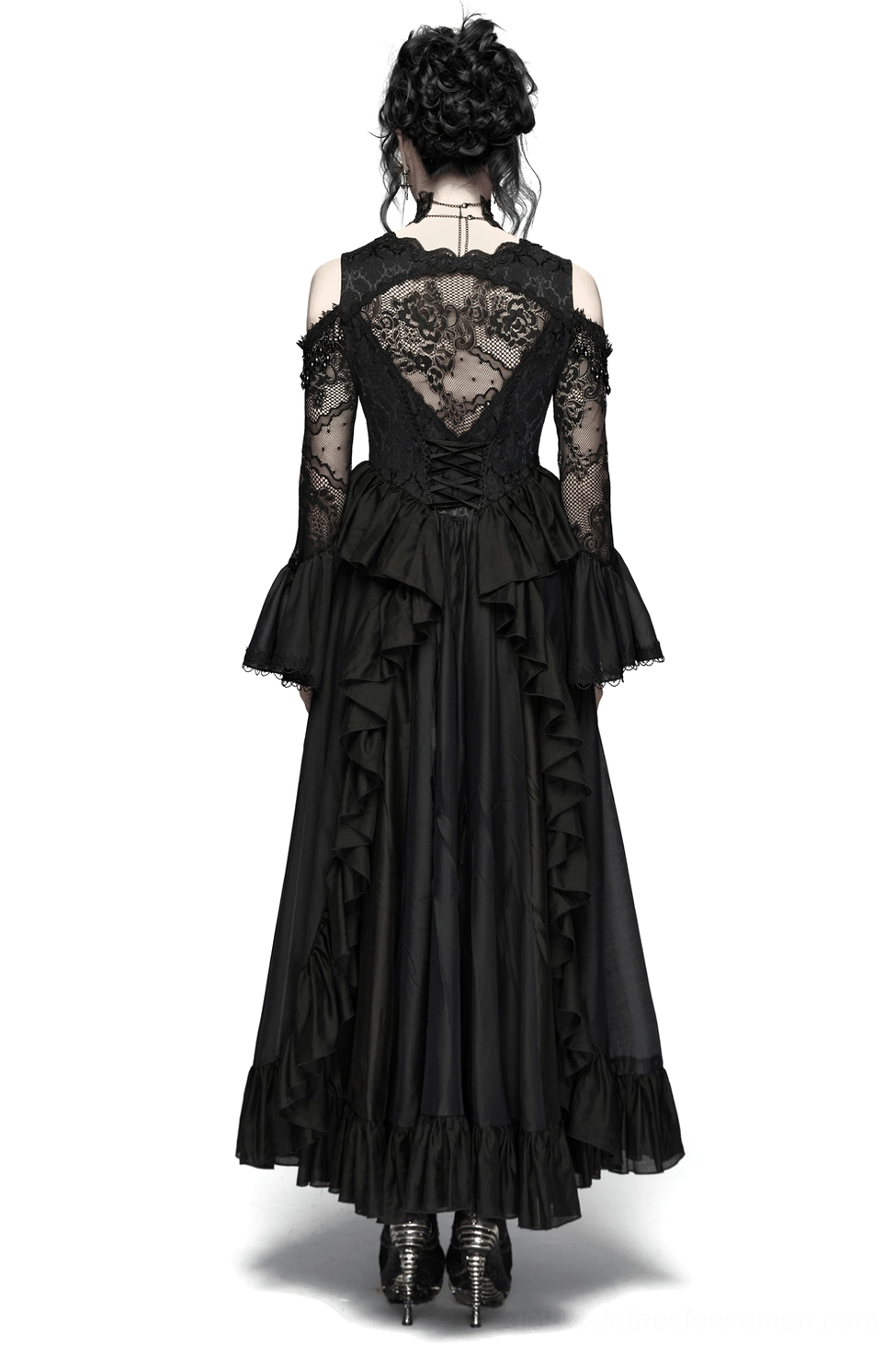 Black gothic lace maxi dress back view on model, featuring sheer transparent lace back panel, corset lace-up back with drawstring, and flowing tiered ruffled skirt