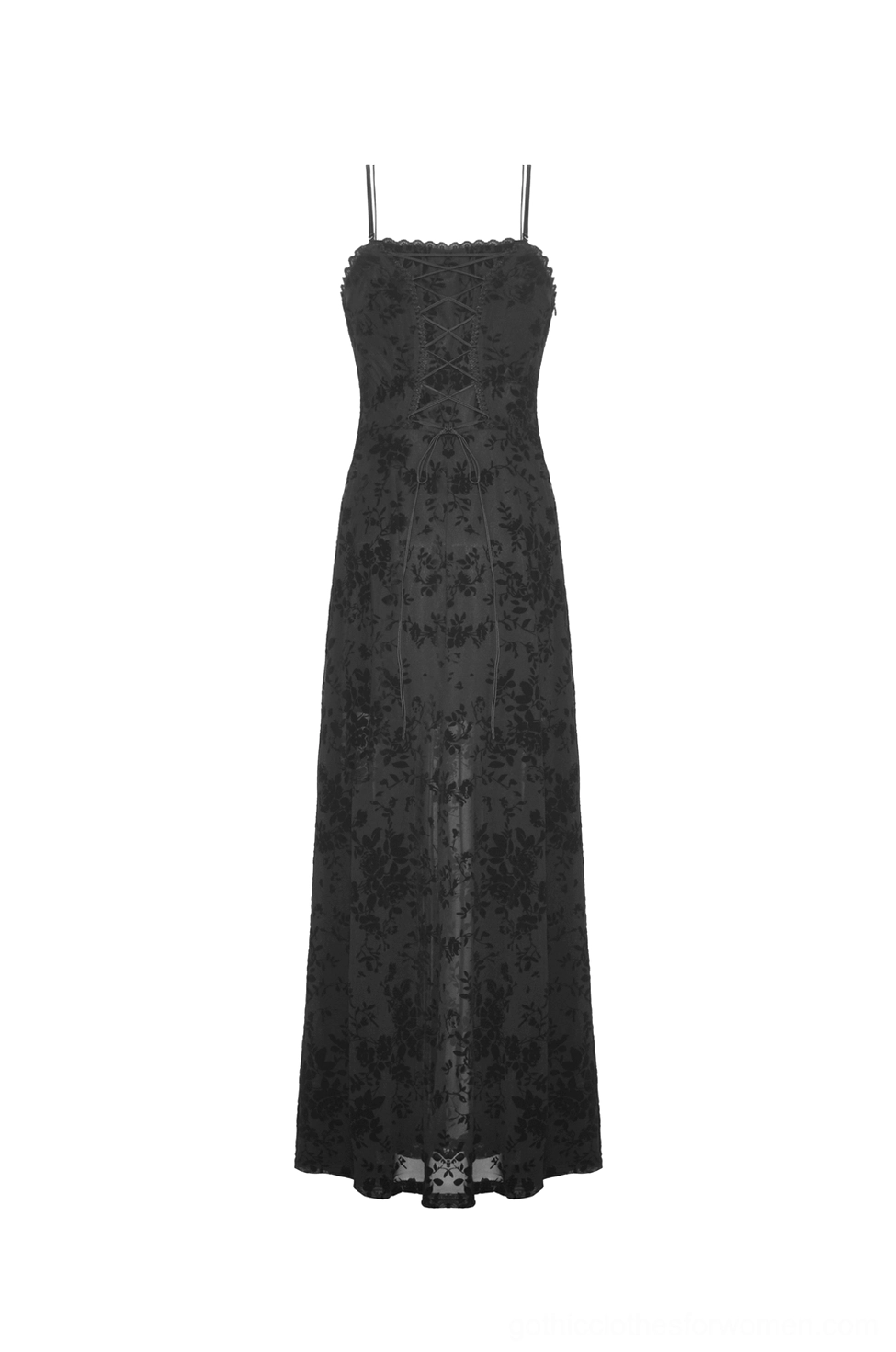 Black gothic maxi dress back view showing lace-up corset design and velvet rose burnout print