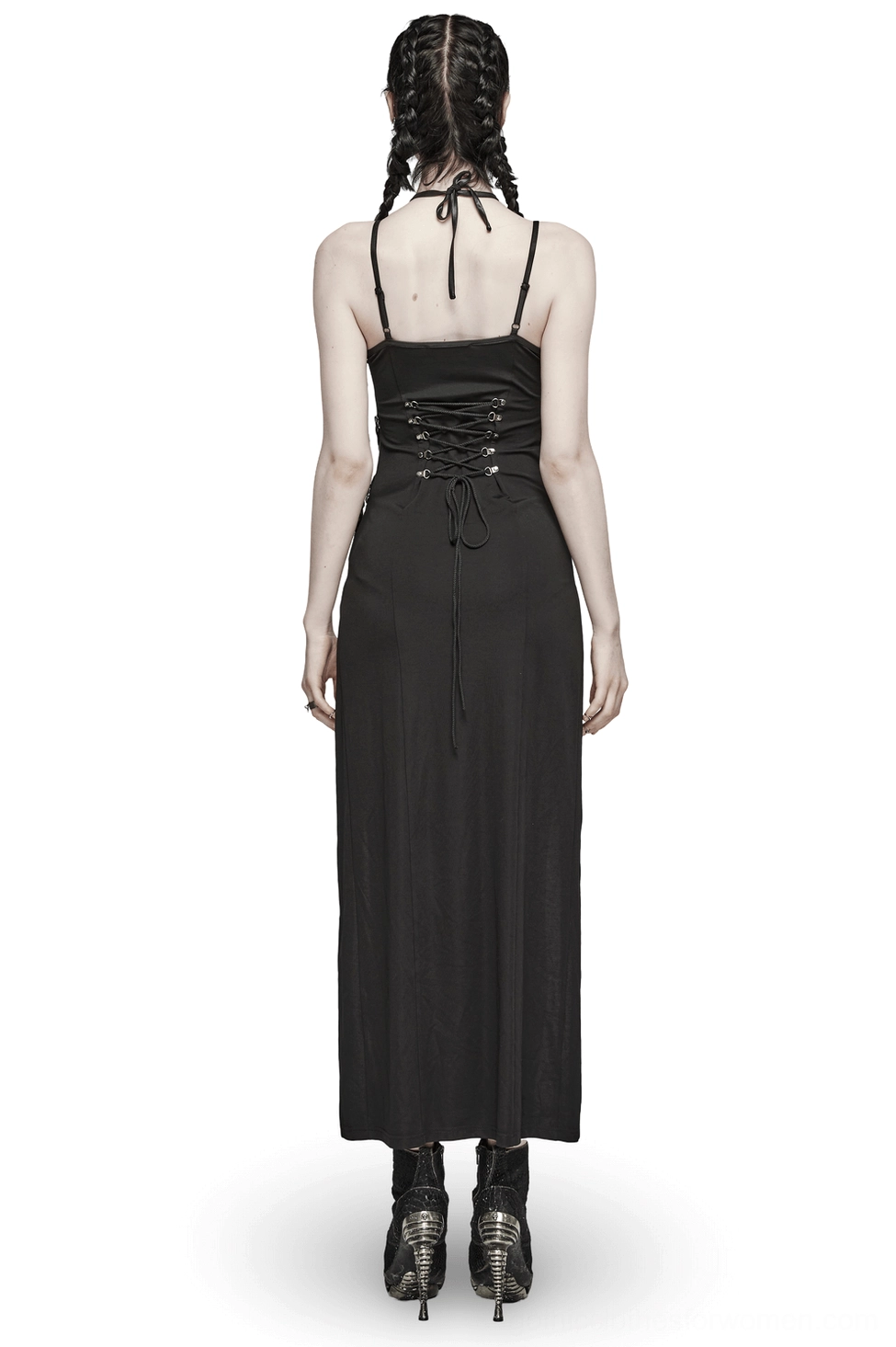 Black gothic dress back view showing metal eyelet corset lace-up and thin spaghetti straps, alternative fashion style