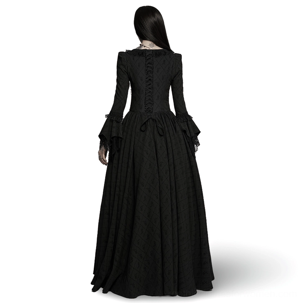Black gothic rose jacquard maxi dress back view - corset lace-up closure and pleated floor-length hem