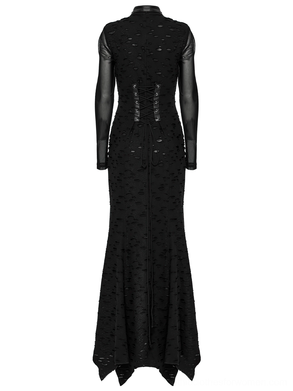 Black gothic mesh maxi dress back view on mannequin revealing lace-up back closure system, sheer mesh sleeves, and floor-length tattered distressed skirt