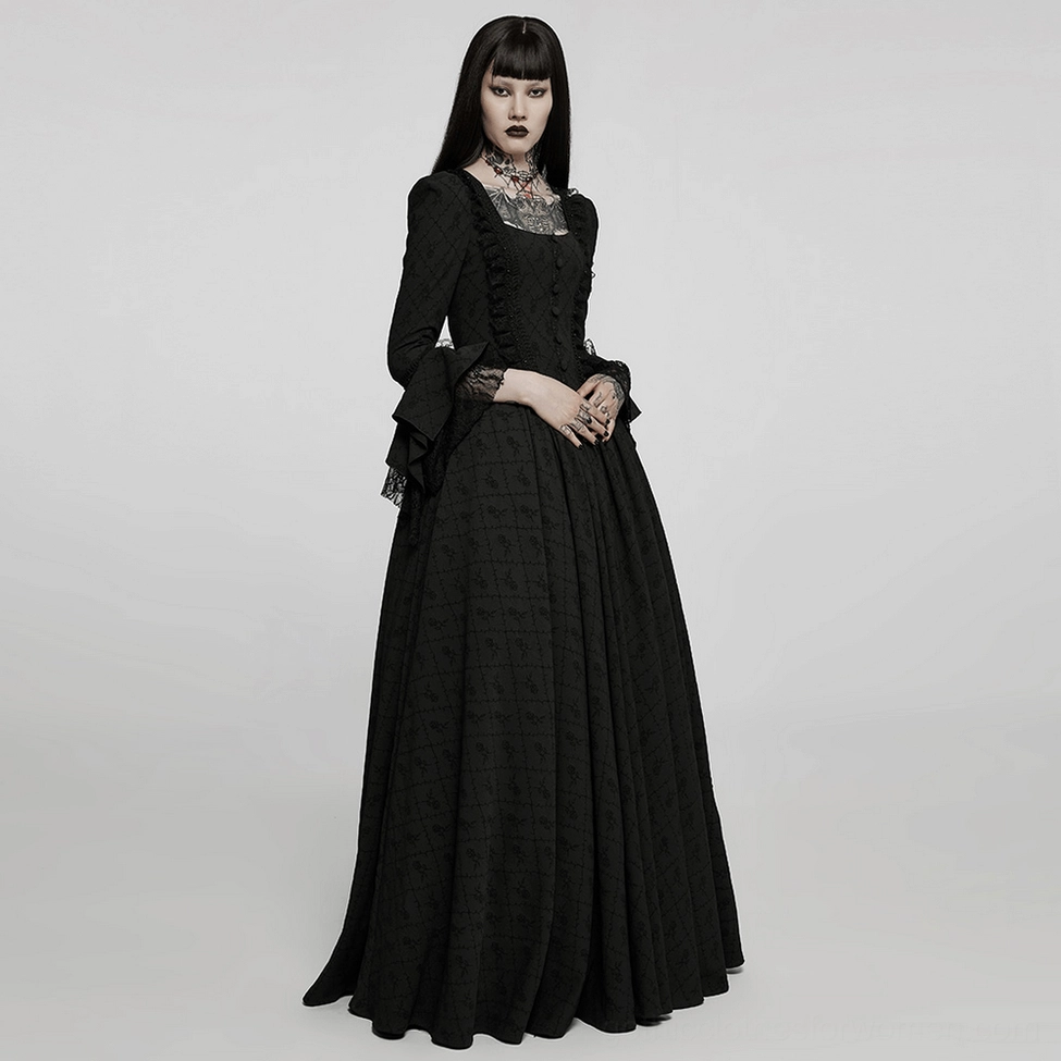 Black gothic maxi dress - complete outfit showcase with rose jacquard pattern and decorative elements