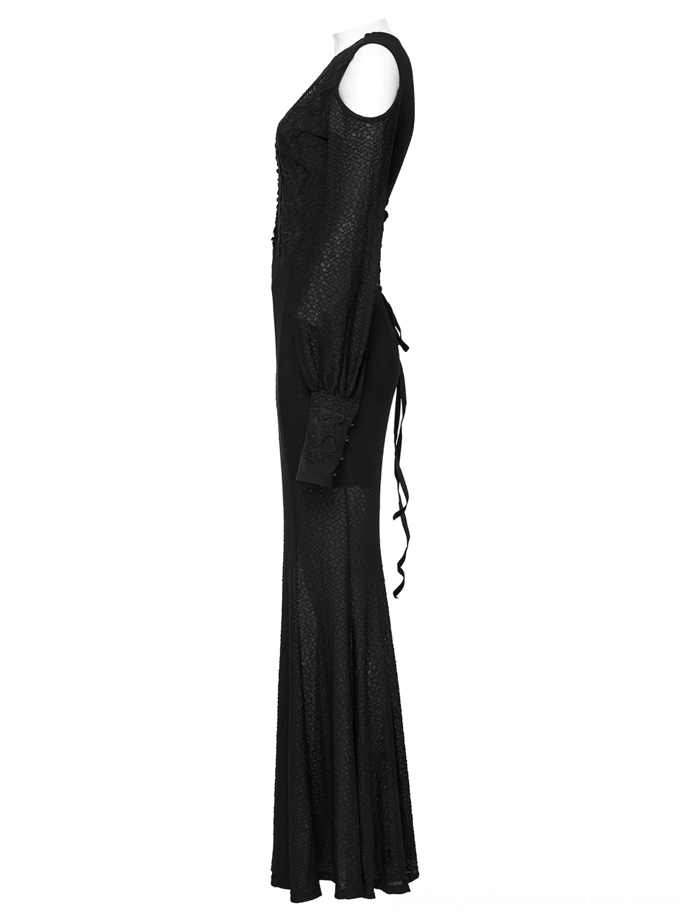 Black gothic cold shoulder maxi dress with corset lace-up back - side profile view