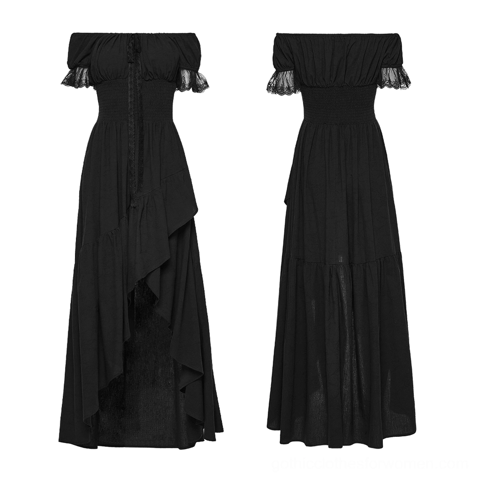 Flat lay view of black gothic off-shoulder maxi dress showing smocked waist and asymmetric hem
