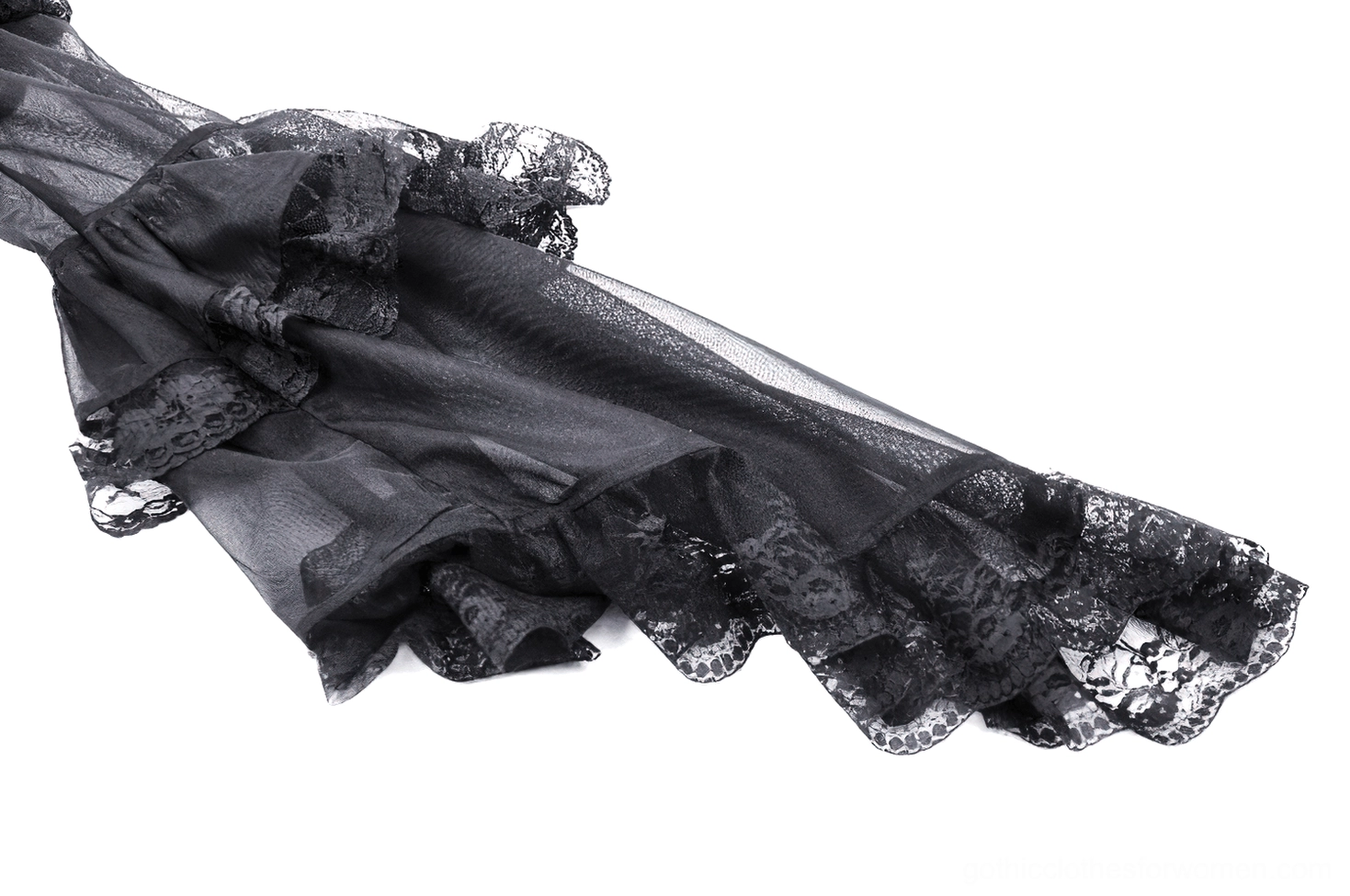 Full-length gothic maxi dress showcasing floor-length tulle skirt with layered construction and sheer overlay