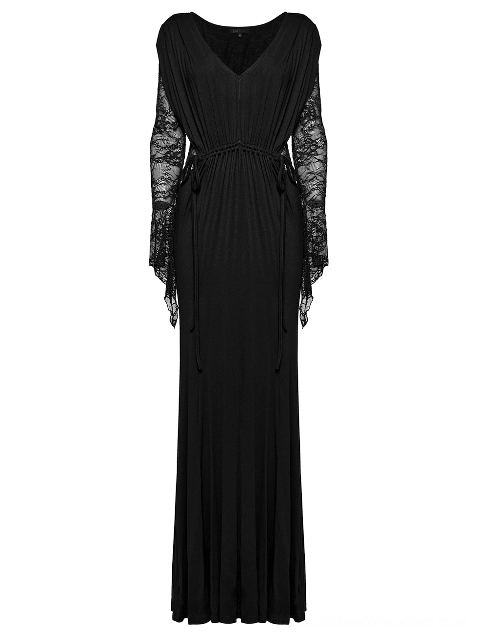 Gothic black maxi dress with flowing floor-length skirt and adjustable drawstring waist detail