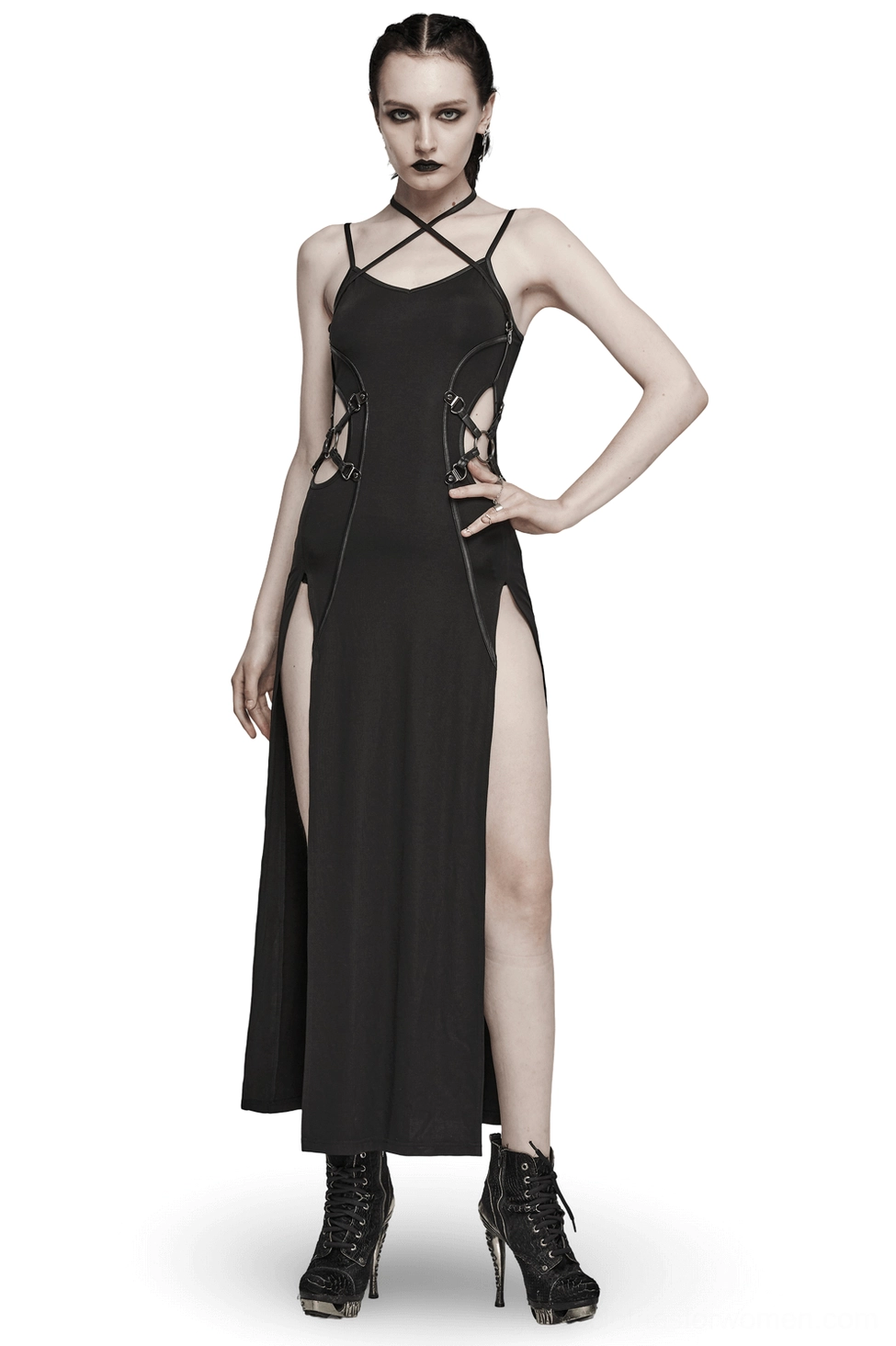 Black gothic maxi dress with convertible cross halter straps and lace cutouts, front full-length view on model with braided hair