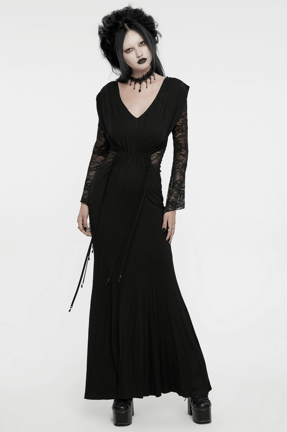 Black gothic maxi dress measurement and sizing reference flat lay product display