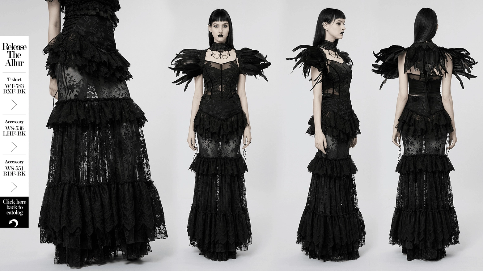 Black gothic maxi skirt alternate angle view featuring complete design of sheer mesh, tiered lace, and velvet drawcords