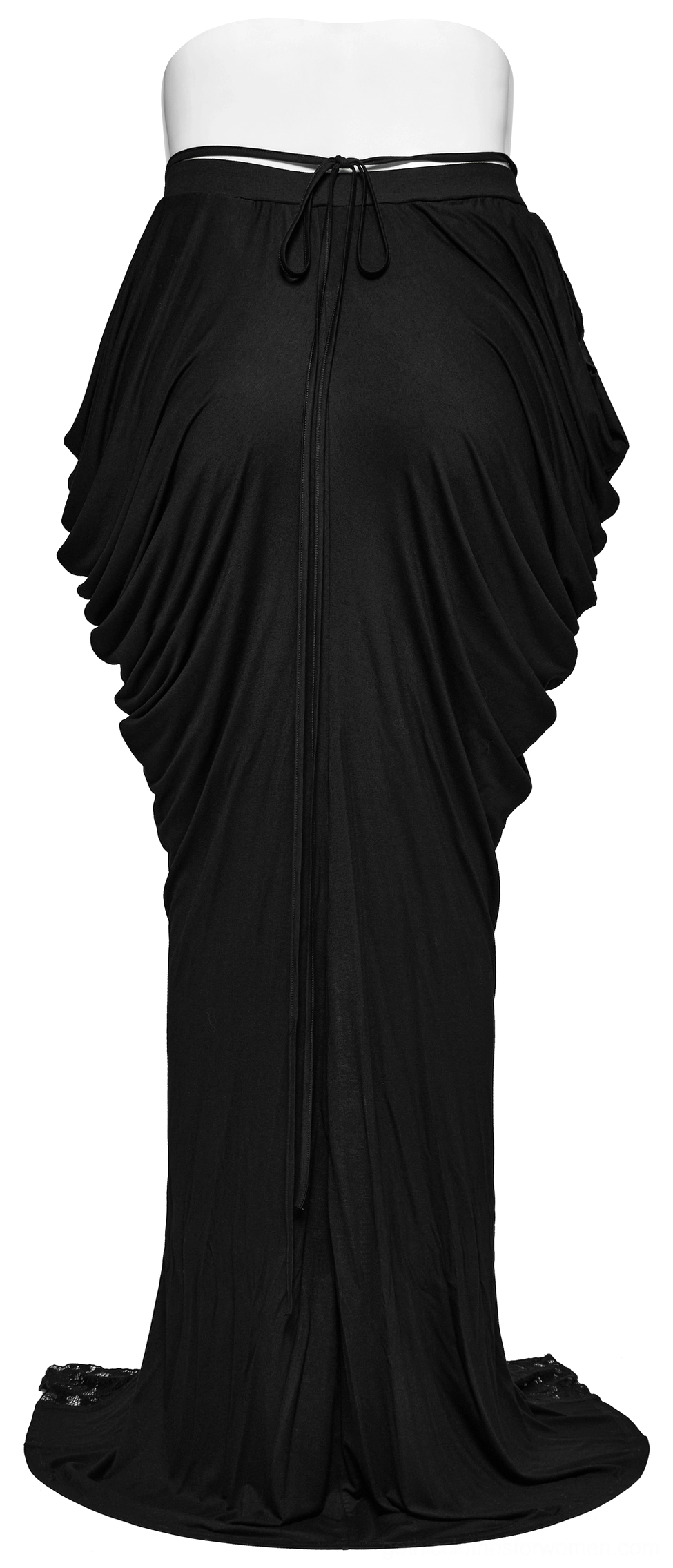 Black gothic maxi skirt rear view on mannequin displaying draped solid fabric and drawstring waistband