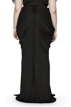 Black gothic floor-length skirt rear view showing draped fabric and drawstring waist