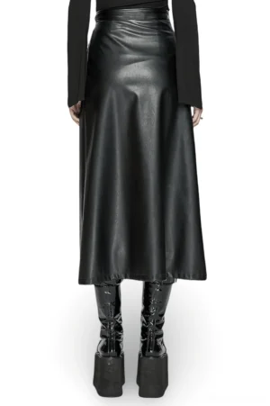 Black faux leather gothic maxi skirt with A-line silhouette, rear view on model showing full length