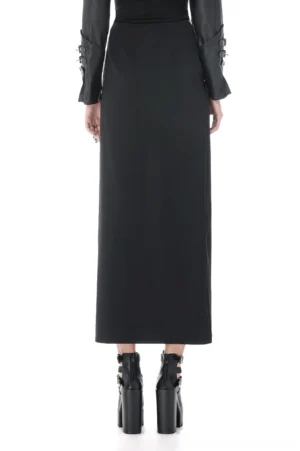 Gothic black maxi skirt back view showing clean rear panel and flowing silhouette