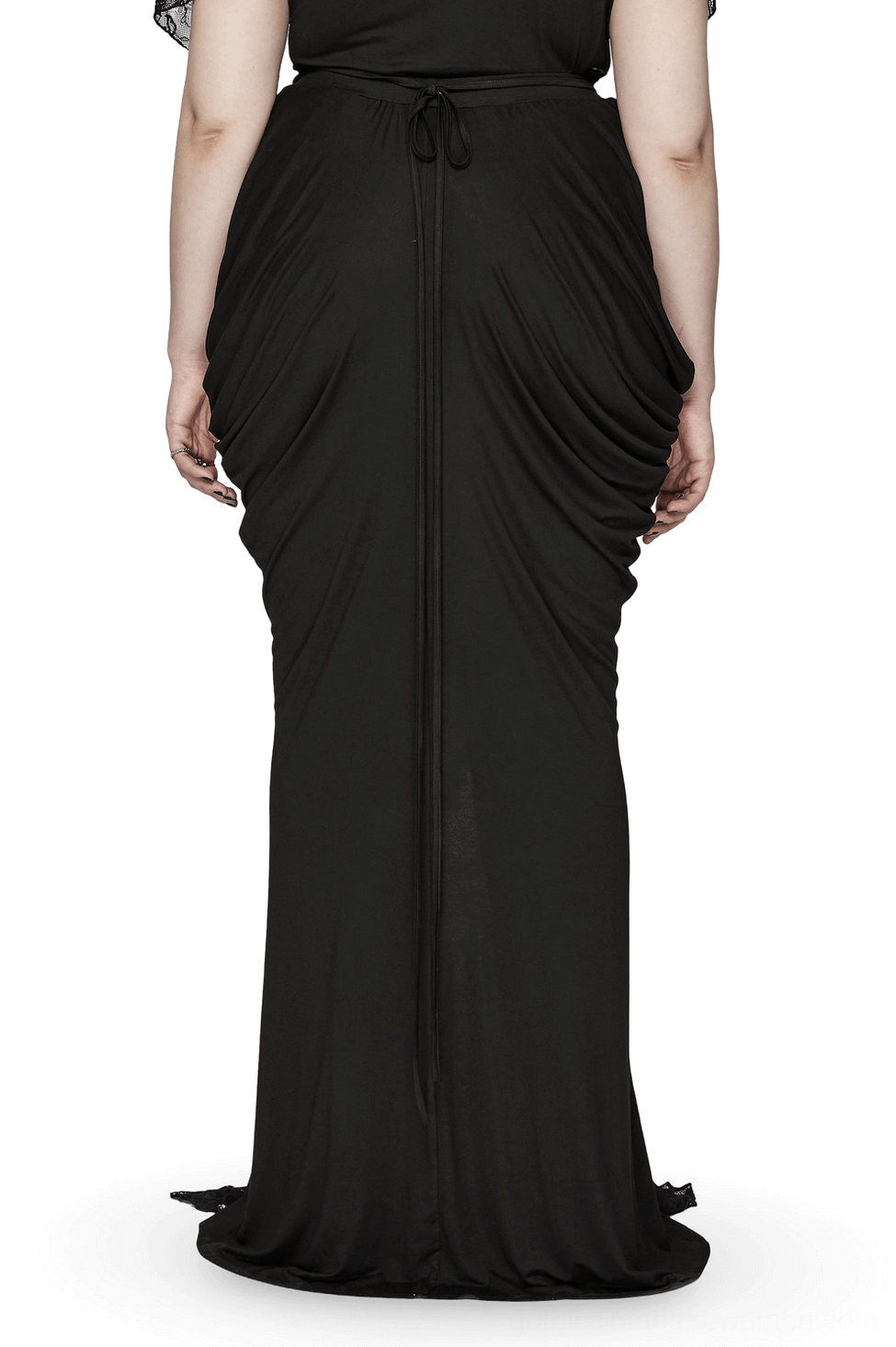 Black gothic floor-length skirt rear view showing draped fabric and drawstring waist