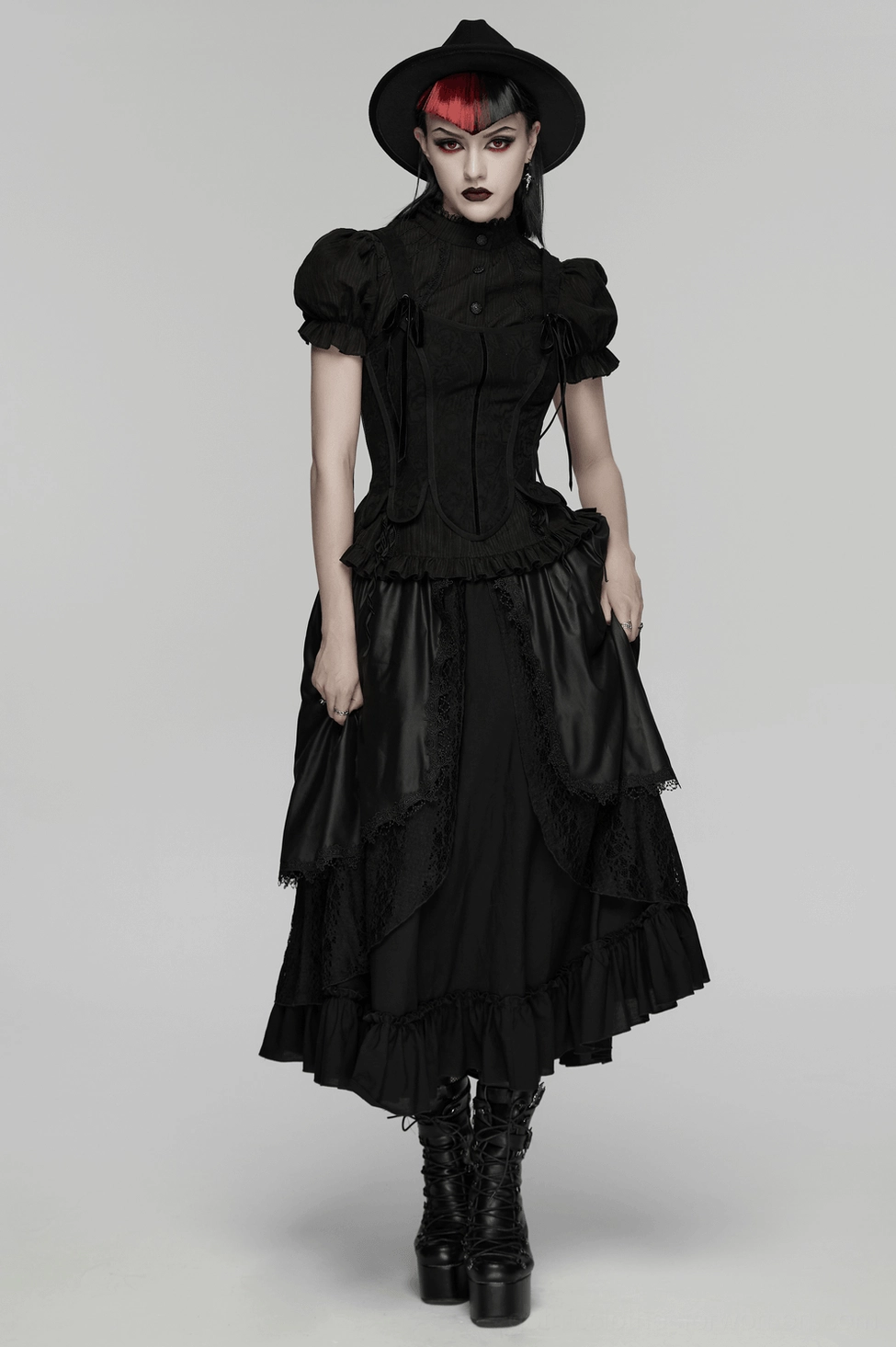 Black gothic maxi skirt back detail showing sculpted waist folds and layered construction