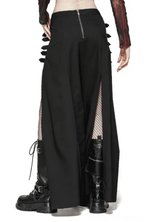 Gothic black maxi skirt rear view showcasing back zipper closure and side buckle strap details