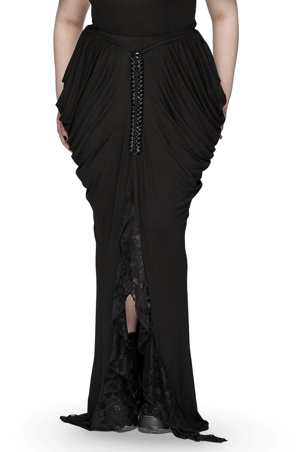 Black gothic maxi skirt front view with chain lace-up detail and pleated hip design
