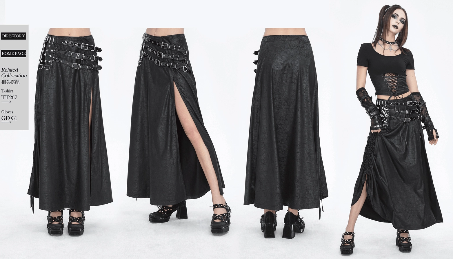 Black faux leather gothic maxi skirt showcasing the complete buckle system, dramatic side slit, and lace-up back design for a bold alternative statement