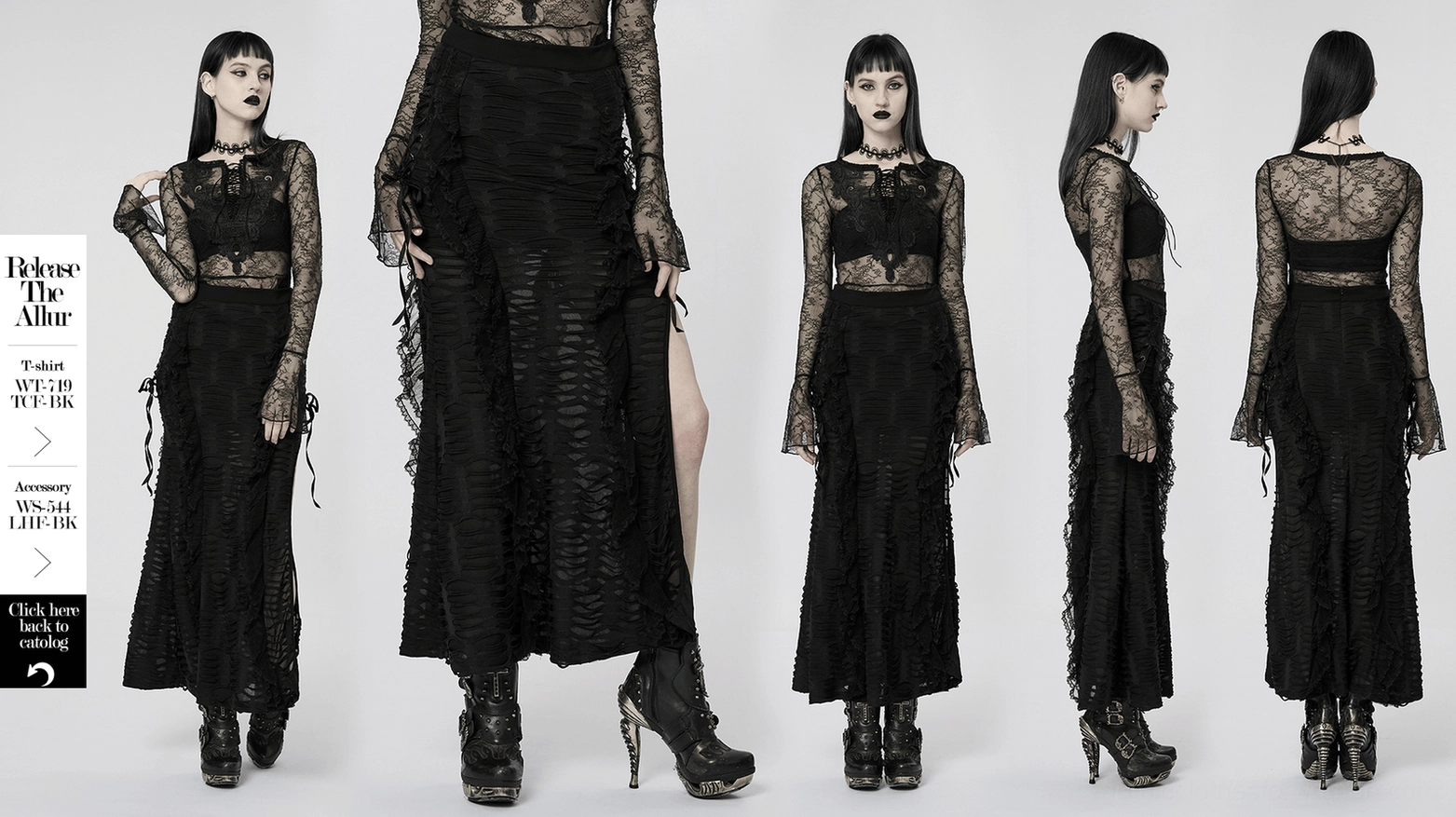 Black layered ruffle gothic maxi skirt complete view featuring lace-up side panel and high slit design elements